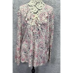 Chaps Womens 3X Top Pink Paisley Pop Over V Neck Tassels‎ Peasant Boho Ruffles